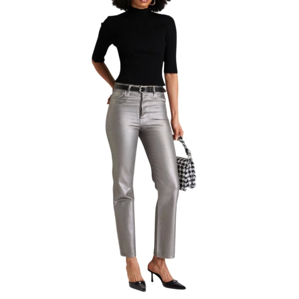 Veronica Beard Metallic Silver High-Rise Straight Jeans
